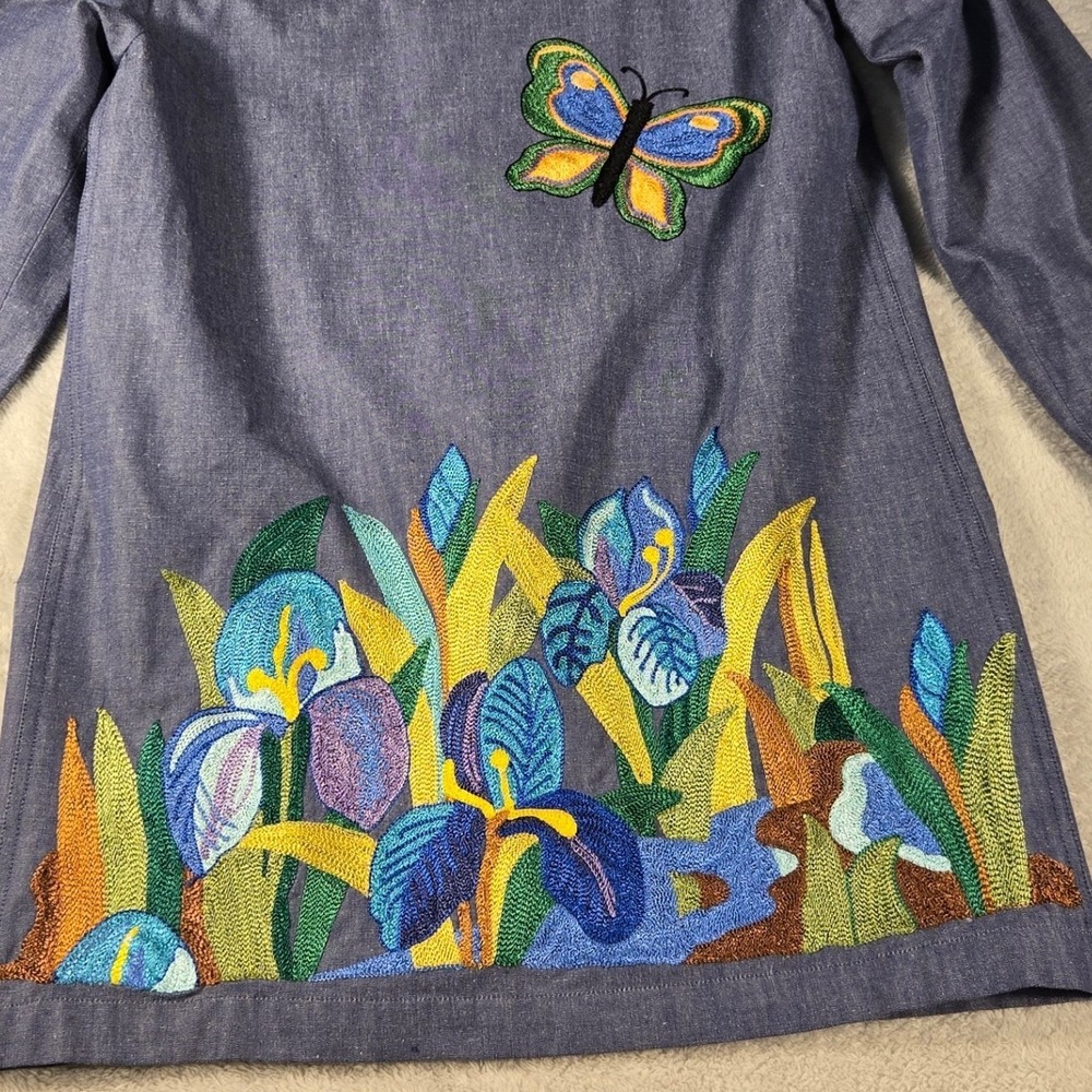 Embroidered Floral Butterfly Chambray Tunic Top Blue Long Sleeve Square Neck - Picture 3 of 9